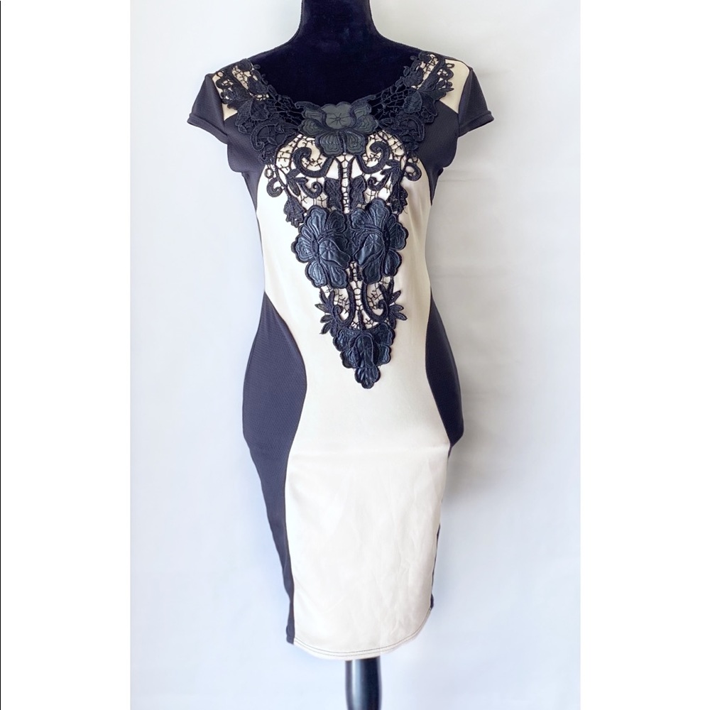 NWOT Black and Tan Lace Fitted Stretch Dress